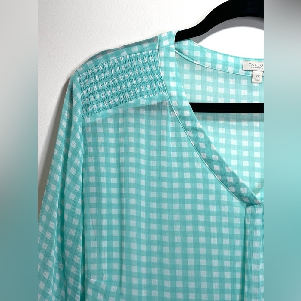 NWOT Talbots Sheer Aqua White Gingham Blouse‎ Size 2X - Picture 3 of 7